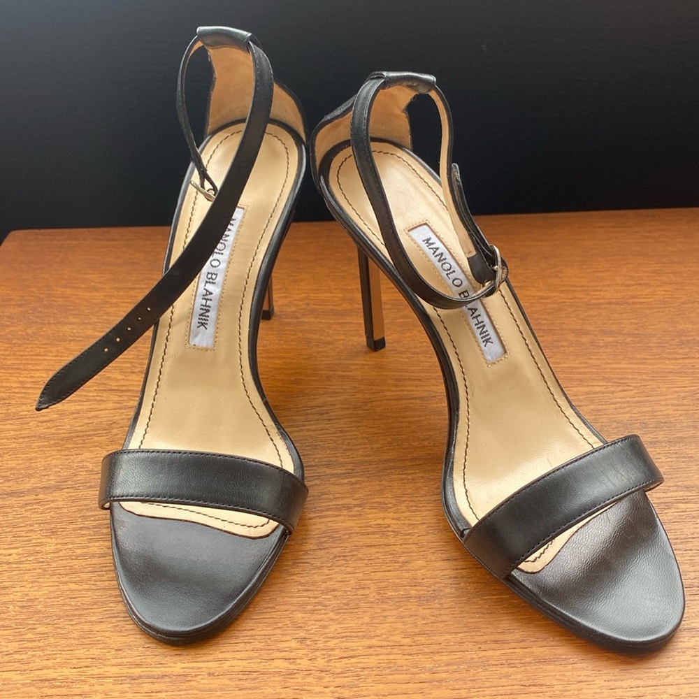 Manolo Blahnik ankle strap sandals with 3.5” heels